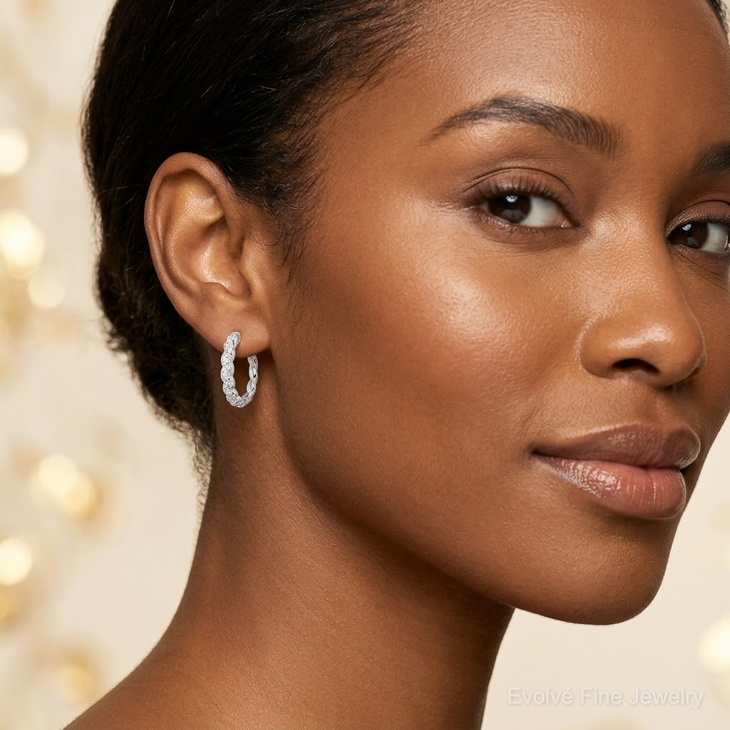 Sterling Silver Polished and Twisted 2.2mm CZ Hinged Round Hoop Earrings - Model Shot