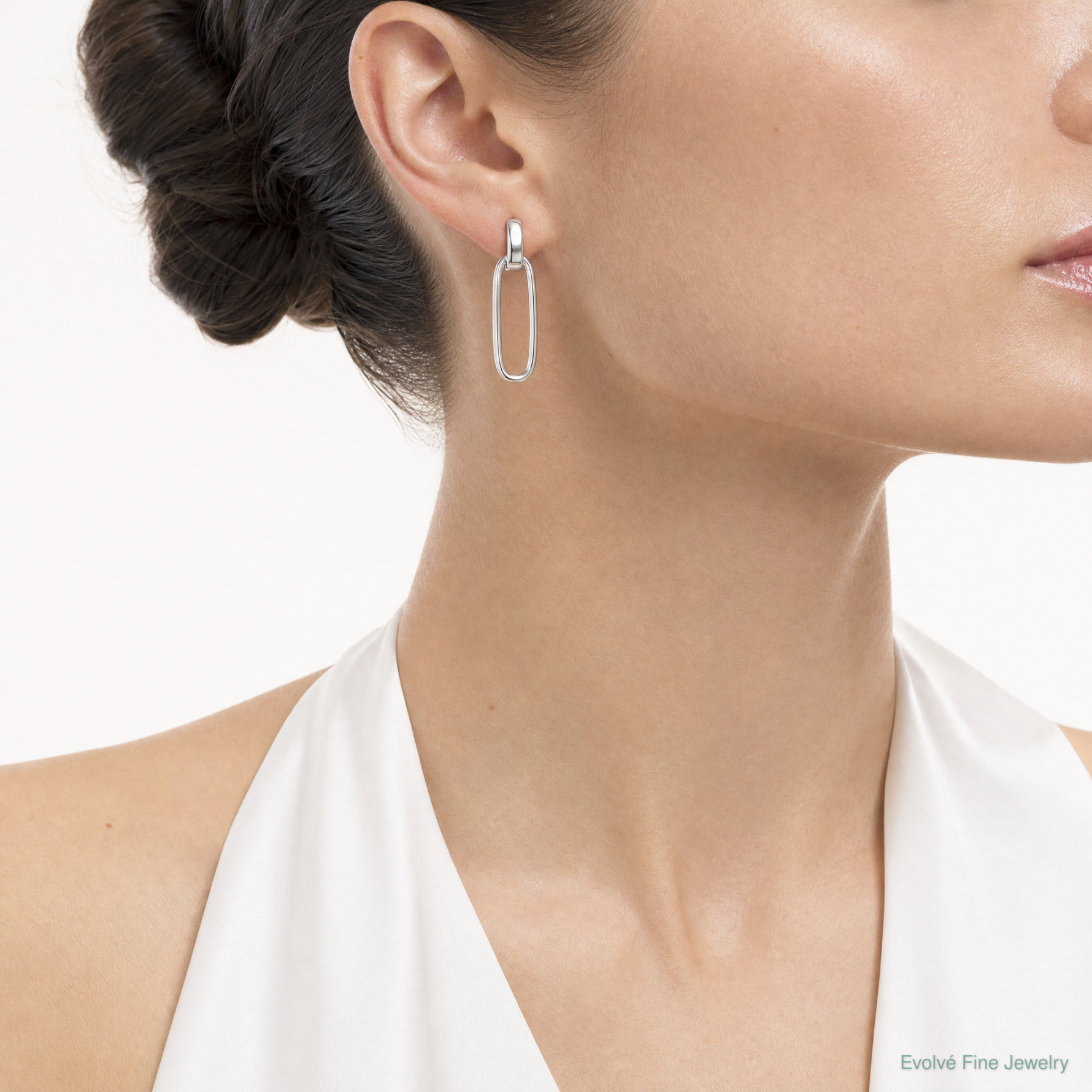 Sterling Silver Polished Elongated Oval Post Dangle Earrings - Model Shot