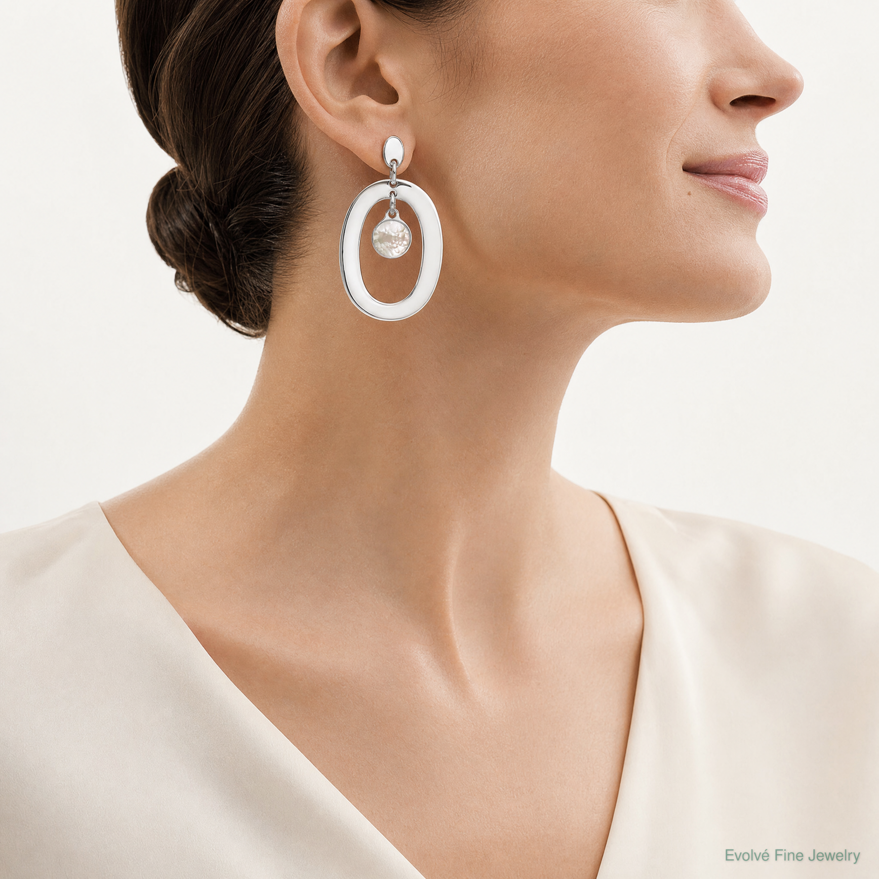 Sterling Silver Oval Mother of Pearl Post Dangle Earrings - Model Shot