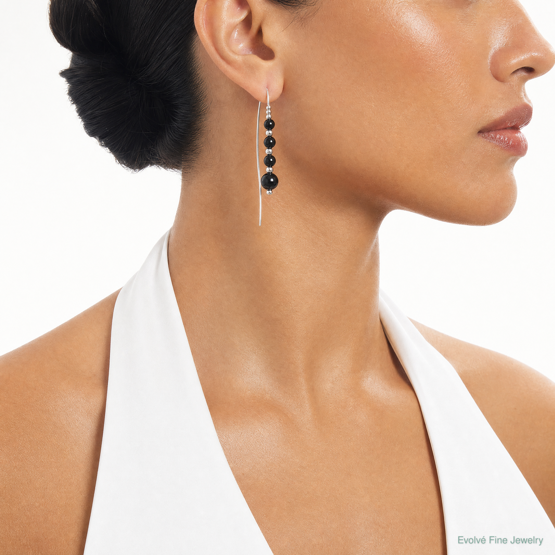 Sterling Silver RH-plated Polished Onyx Beaded Threader Earrings - Model Shot