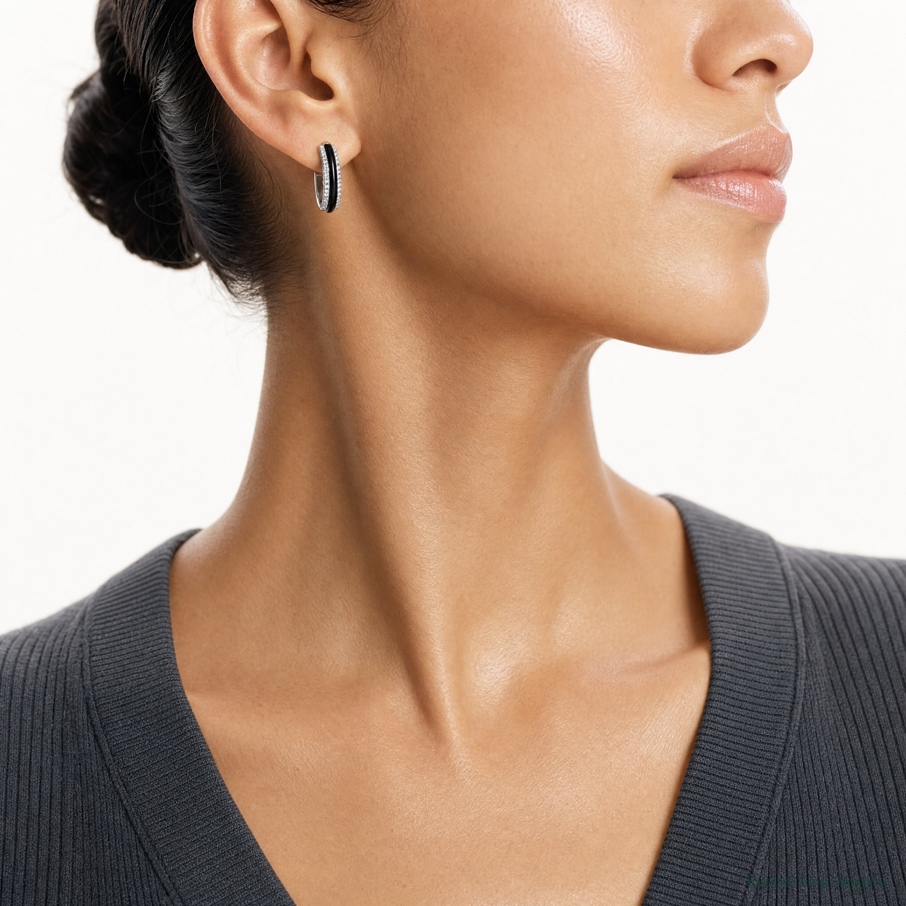 Sterling Silver Rhodium-plated CZ Black Enamel Post J-Hoop Earrings - Model Shot