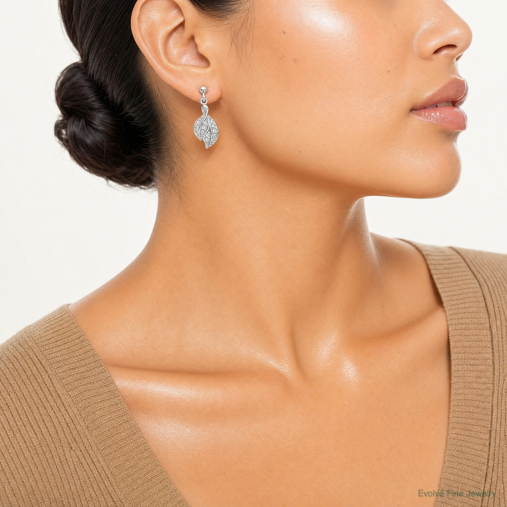 Sterling Silver Rhodium-plated Polished CZ Leaf Dangle Post Earrings - Model Shot