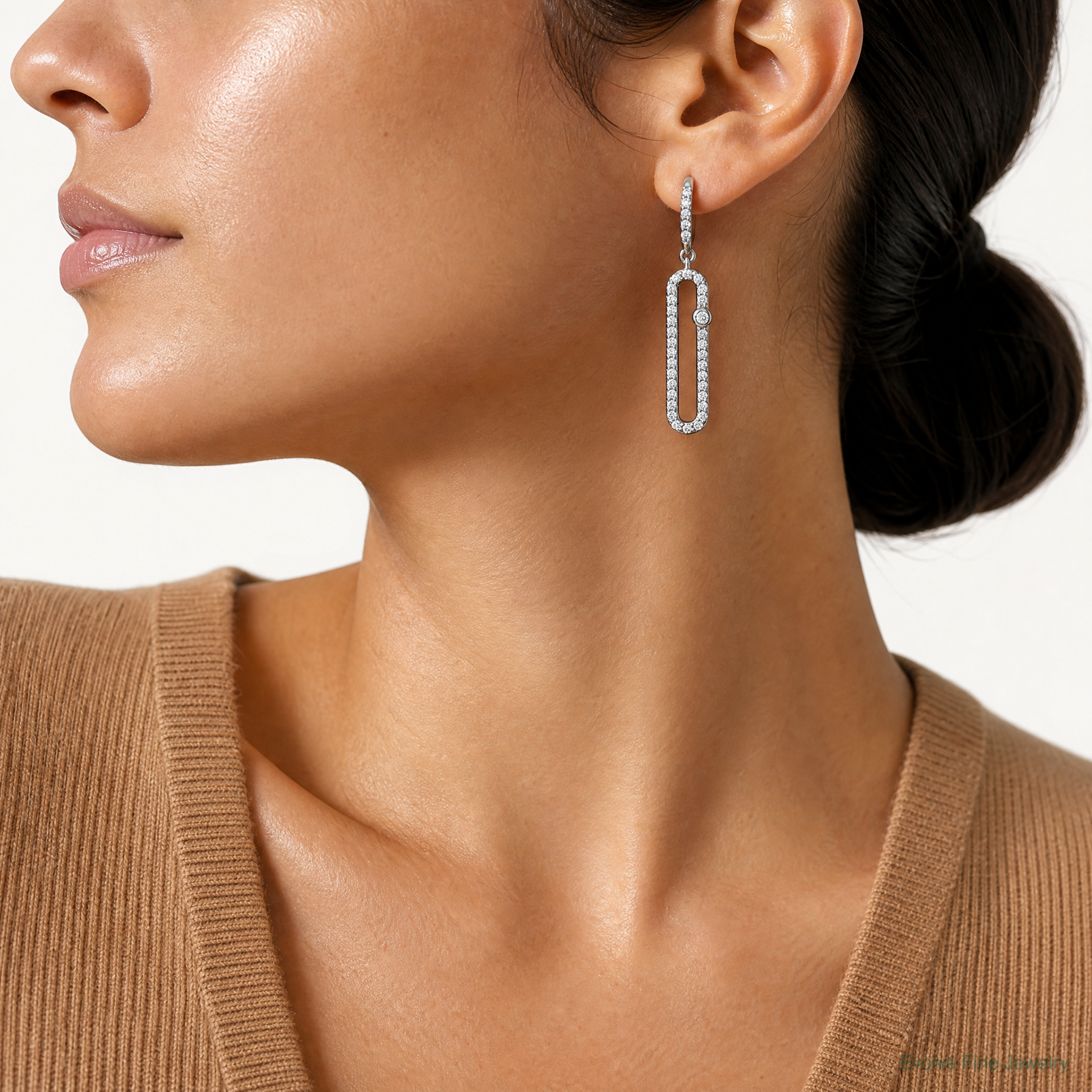 Sterling Silver RH-plated Polished CZ Elongated Link Dangle Earrings - Model Shot