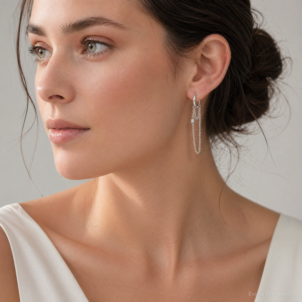 Sterling Silver Polished CZ Dangling Chain Hinged Round Hoop Earrings - Model Shot