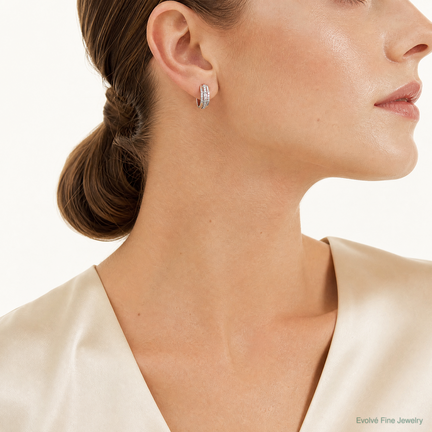 Sterling Silver Rhodium-plated CZ Polished Post J-Hoop Earrings - Model Shot