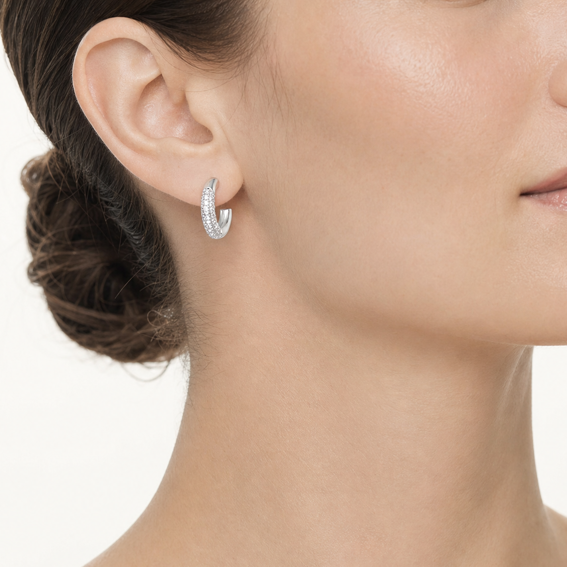 Sterling Silver Polished Pave CZ Post C-Hoop Earrings - Model Shot