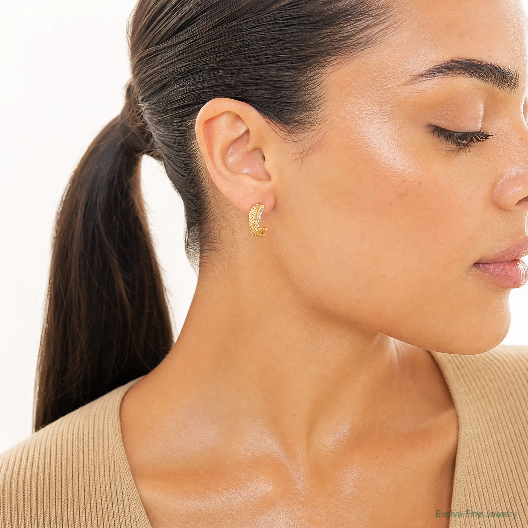 Sterling Silver Gold-Tone Polished and Twisted CZ Post C-Hoop Earrings - Model Shot