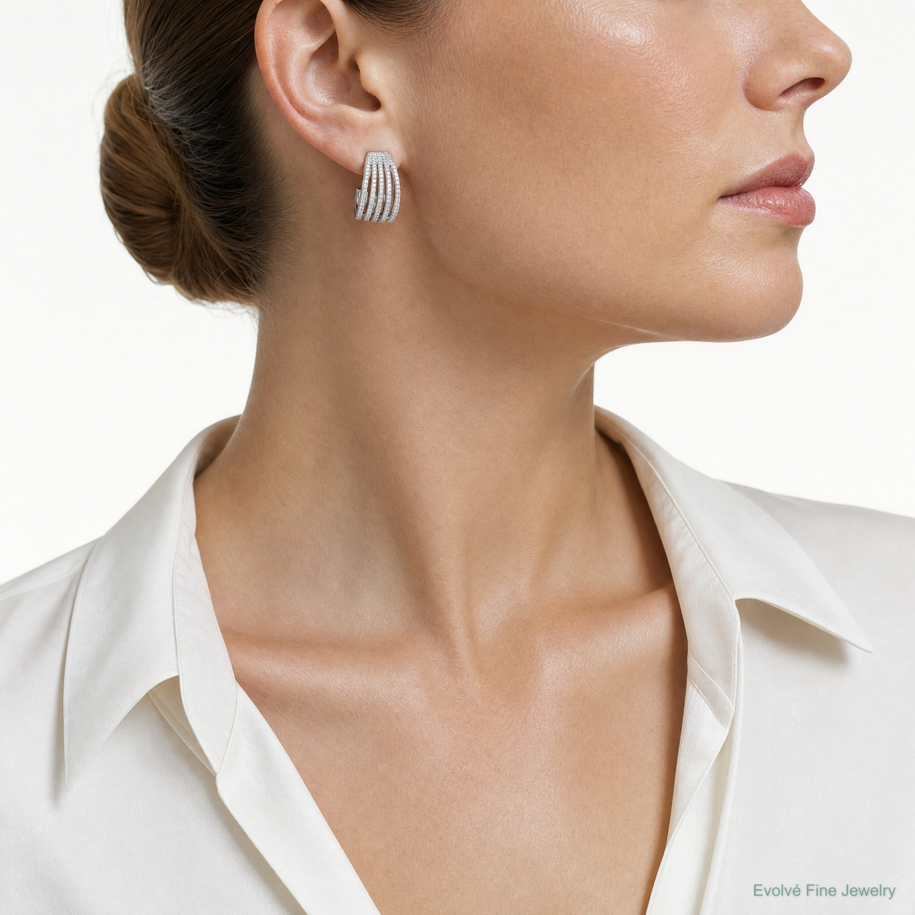 Sterling Silver Rhodium-plated CZ Multi Row Post J-Hoop Earrings - Model Shot