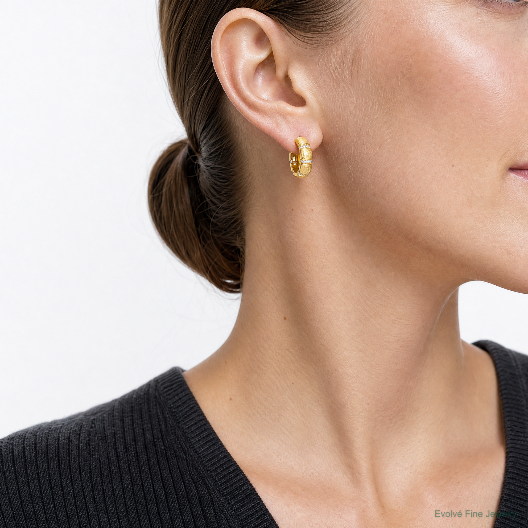 Sterling Silver Gold-Tone Polish/Textured CZ 8mm Hinged Hoop Earrings - Model Shot