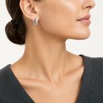 Sterling Silver Polished 4.5mm CZ Hinged Round Hoop Earrings - Model Shot