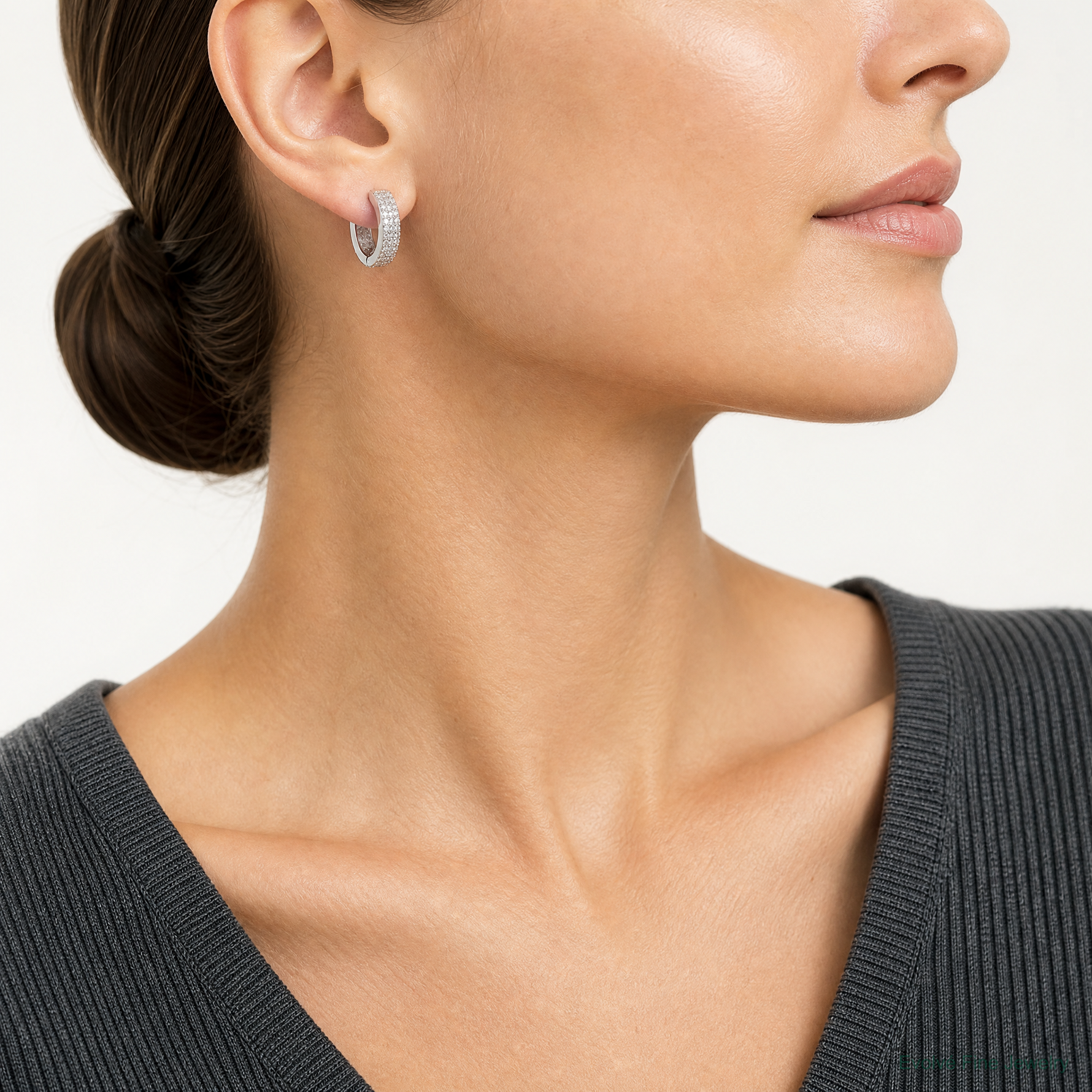 Sterling Silver Polished 4.5mm CZ Hinged Round Hoop Earrings - Model Shot