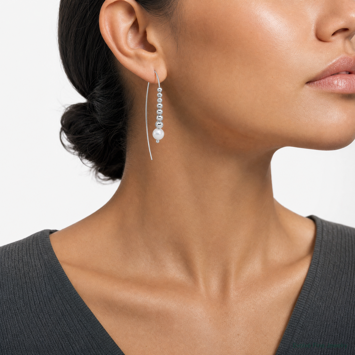 Sterling Silver RH-plated Polished and Beaded Shell Pearl Threader Earrings - Model Shot