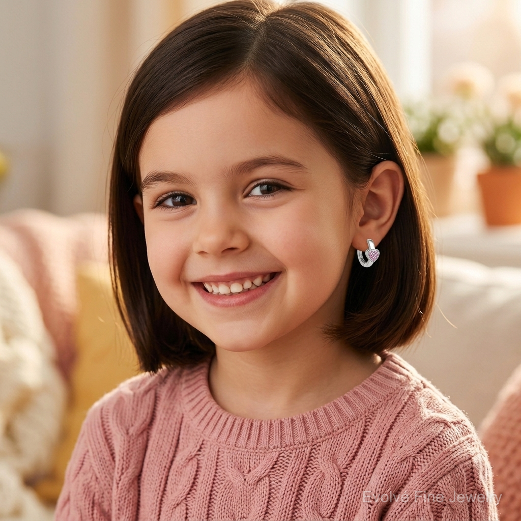 Sterling Silver Rh-plated Children's Pink CZ Heart Hoop Earrings - Model Shot