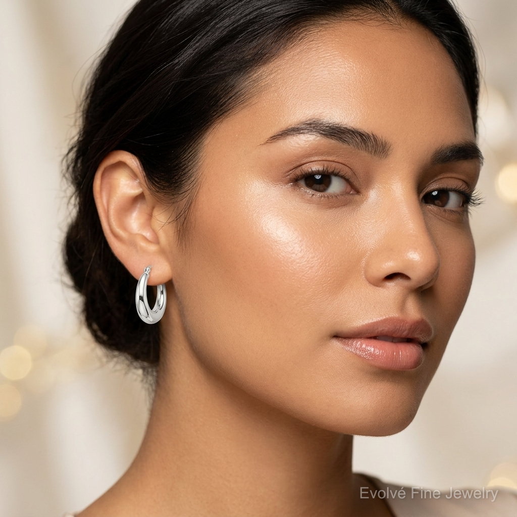 Sterling Silver Polished & Tapered Round Hoop Earrings - Model Shot