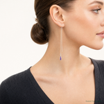 Sterling Silver Polished Purple CZ Teardrop Threader Earrings - Model Shot