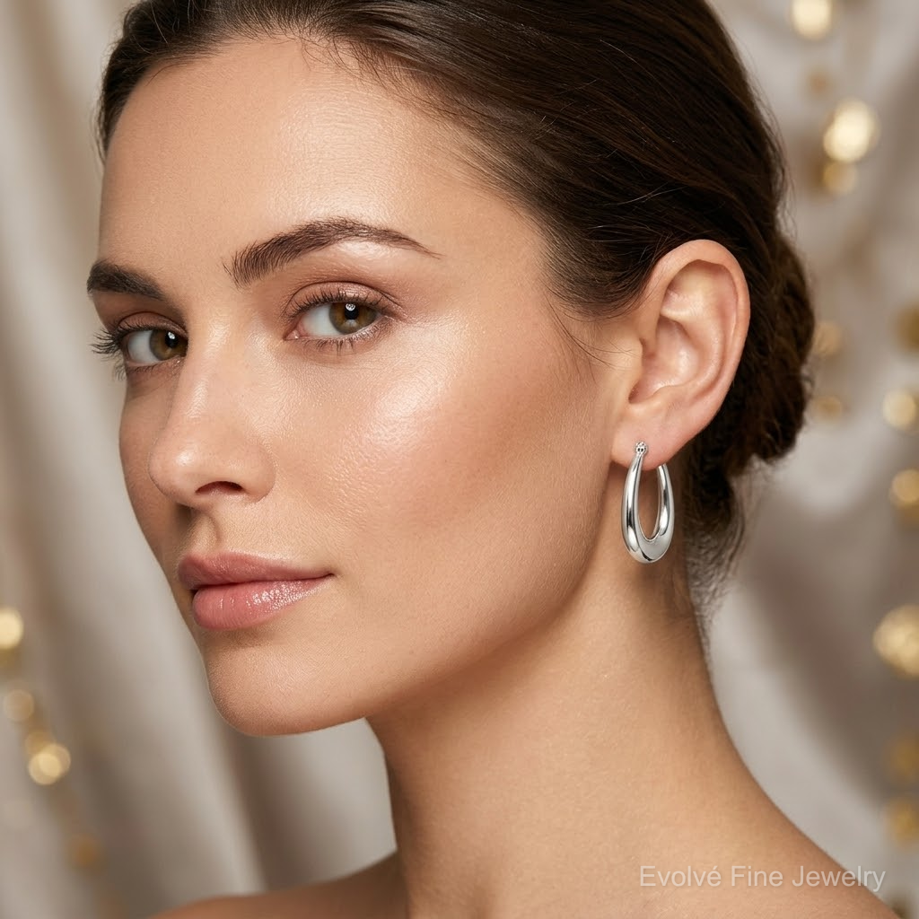 Sterling Silver Polished & Tapered Oval Hoop Earrings - Model Shot