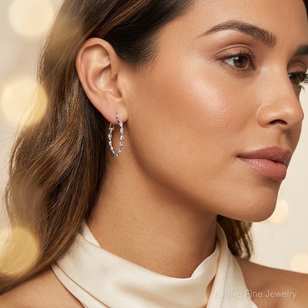 Sterling Silver Rhodium-plated Twisted Omega Back Hoop Earrings - Model Shot