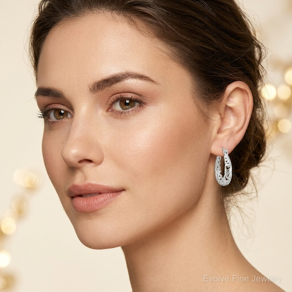 Sterling Silver Polished Filigree Oval Hoop Earrings - Model Shot