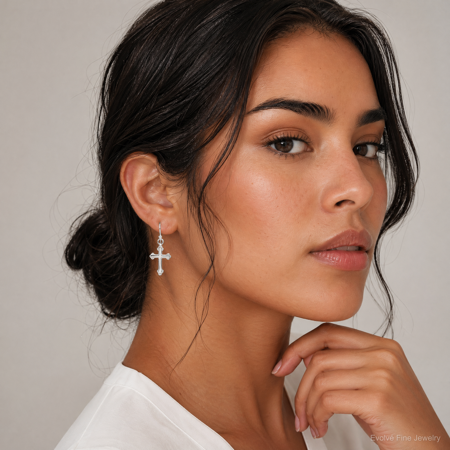 Sterling Silver Polished Budded Cross Dangle Earrings - Model Shot