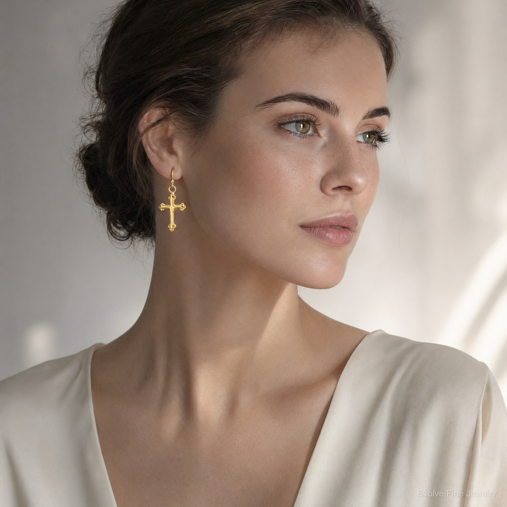 Sterling Silver Gold-tone Polished Budded Cross Dangle Earrings - Model Shot