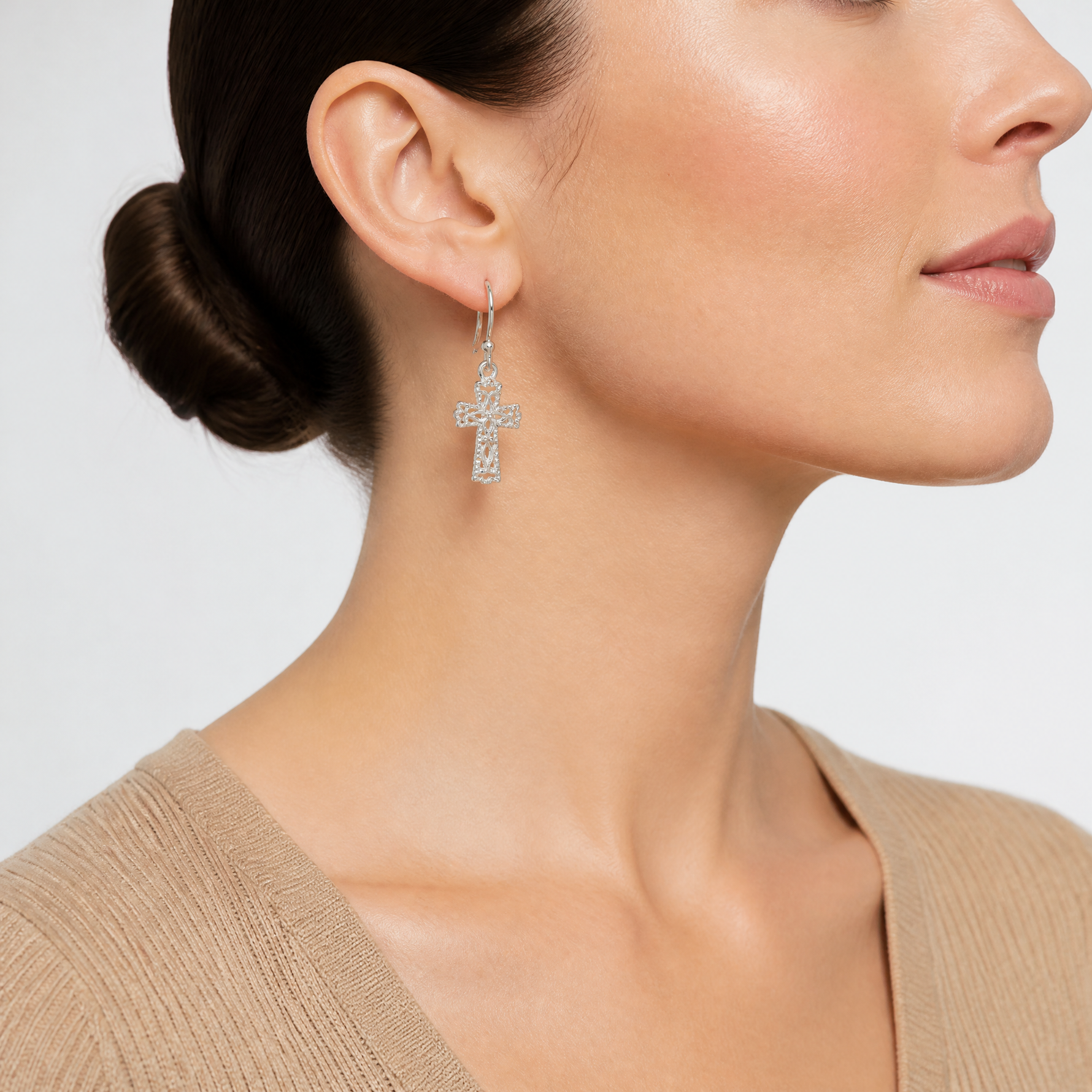 Sterling Silver Polished & Textured Cross Dangle Earrings - Model Shot