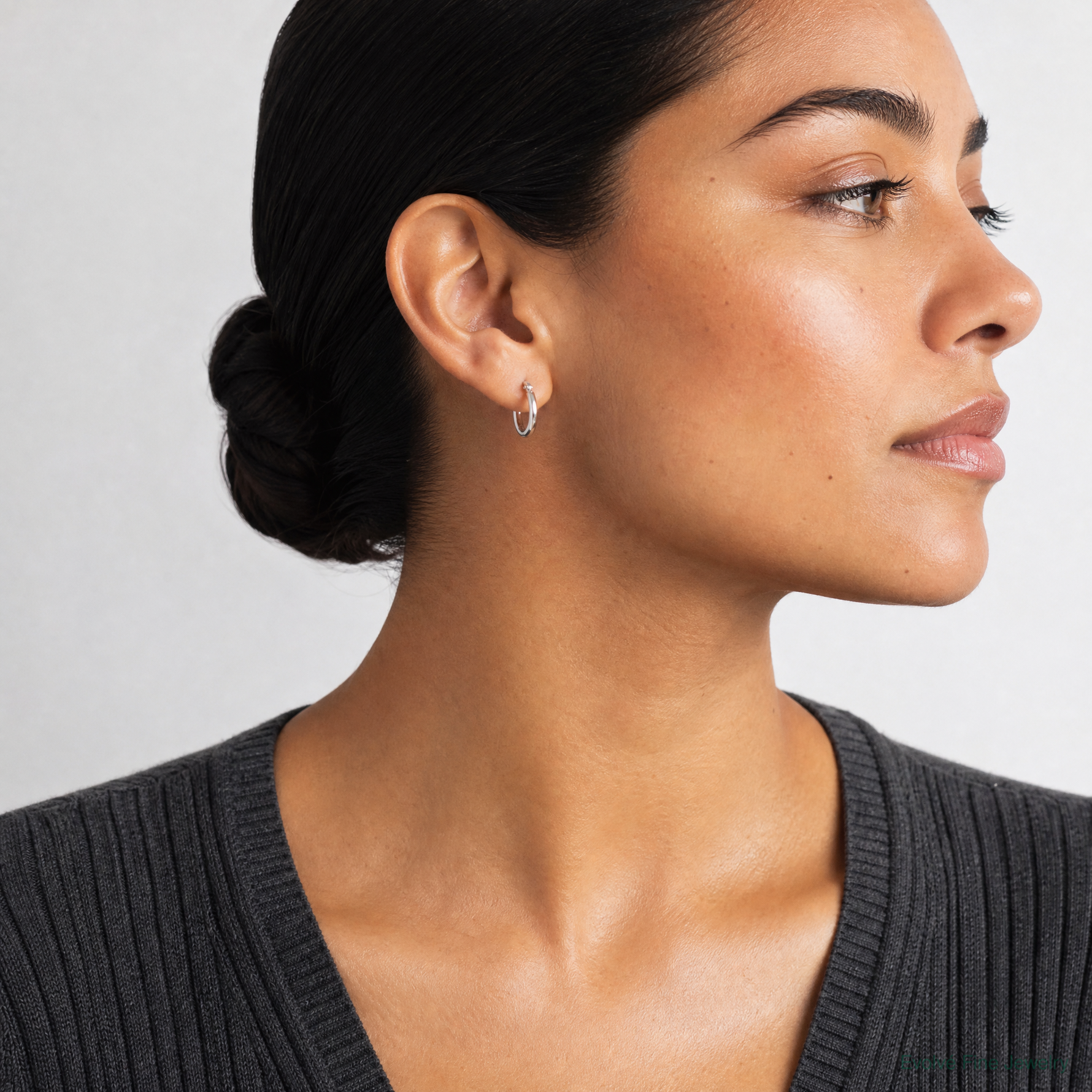 Sterling Silver Rhodium-plated 2mm Round Hoop Earrings - Model Shot