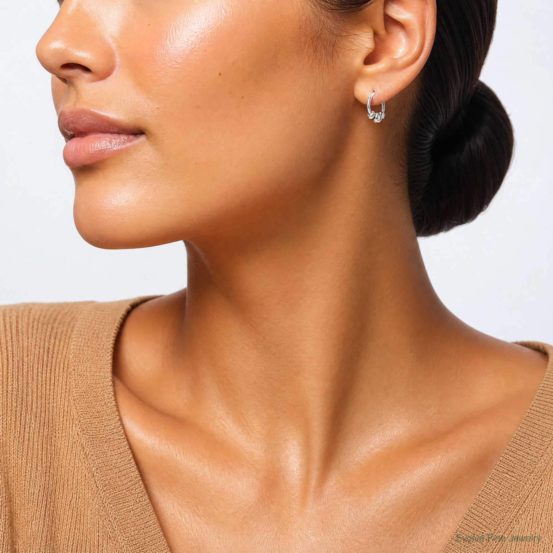 Sterling Silver Tiny Beaded Endless Hoop Earrings - Model Shot