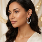 Sterling Silver Rhod-plated Polished Wheat Shrimp Oval Hoop Earrings - Model Shot