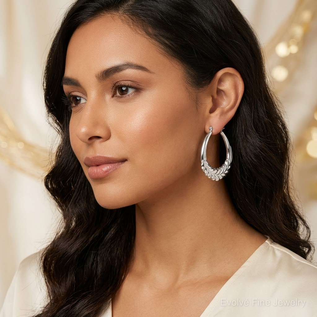 Sterling Silver Rhod-plated Polished Wheat Shrimp Oval Hoop Earrings - Model Shot