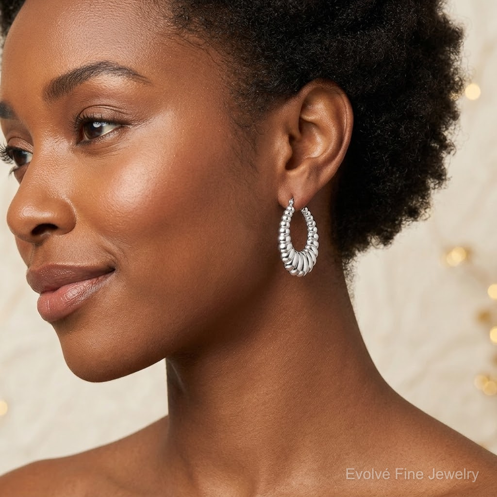 Sterling Silver Rhodium-plated Polished Shrimp Oval Hoop Earrings - Model Shot