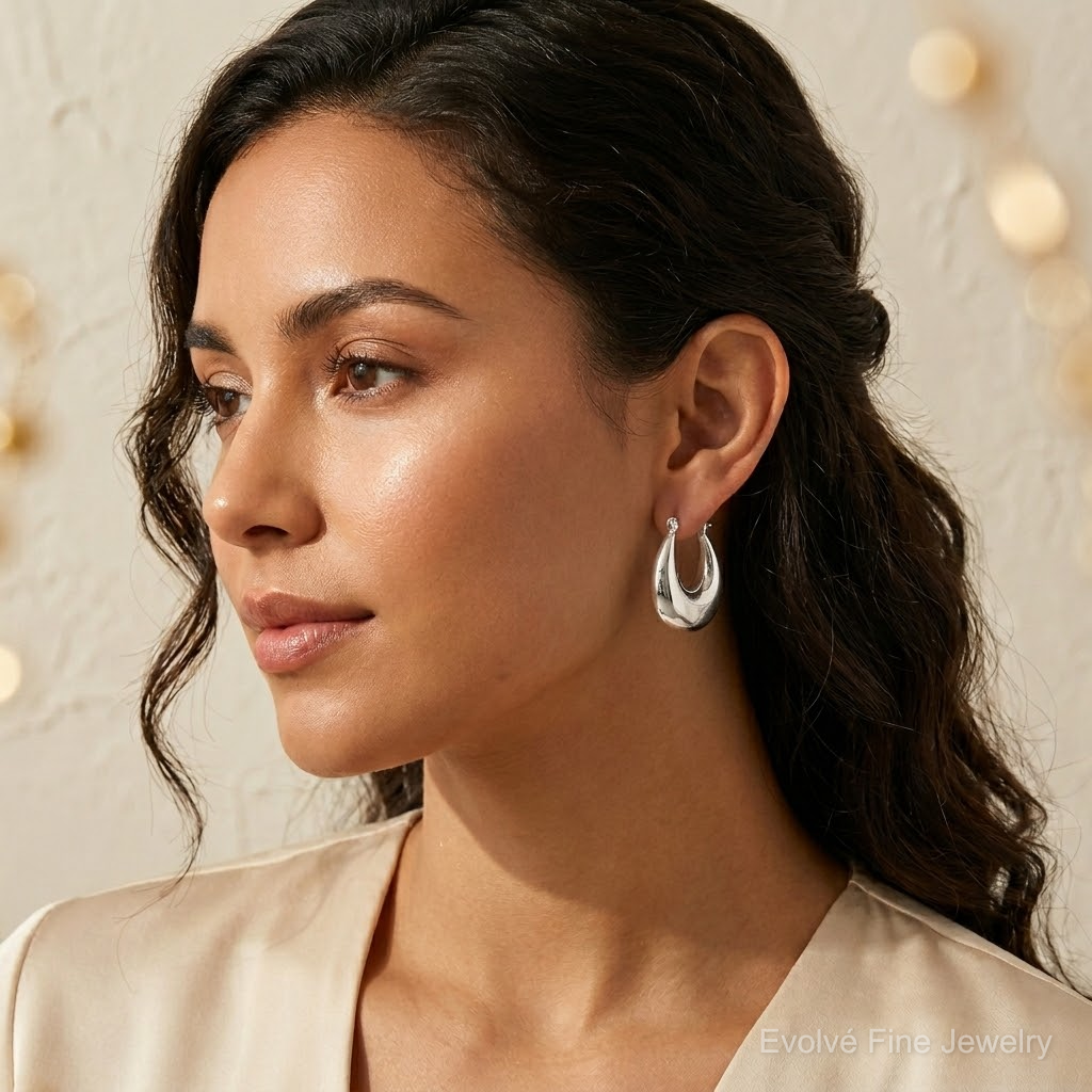 Sterling Silver Polished Puffed Hoop Earrings - Model Shot