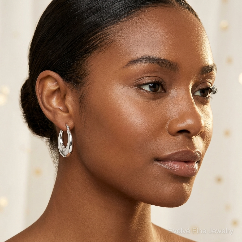 Sterling Silver Polished & Tapered Round Hoop Earrings - Model Shot