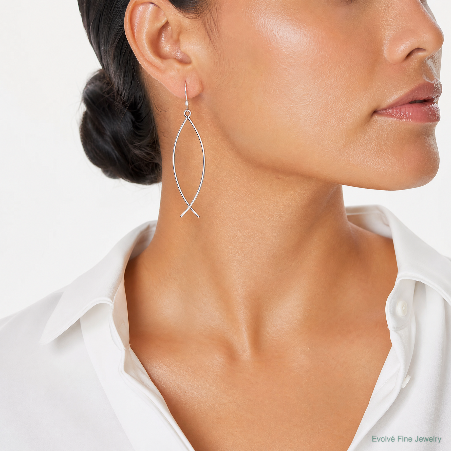 Sterling Silver Polished Ichthus Dangle Earrings - Model Shot