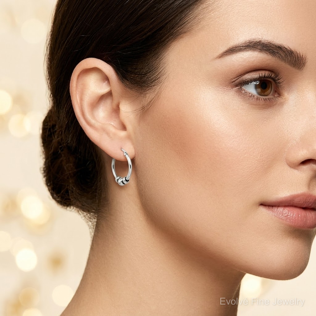 Sterling Silver Antiqued Hoop Earrings - Model Shot