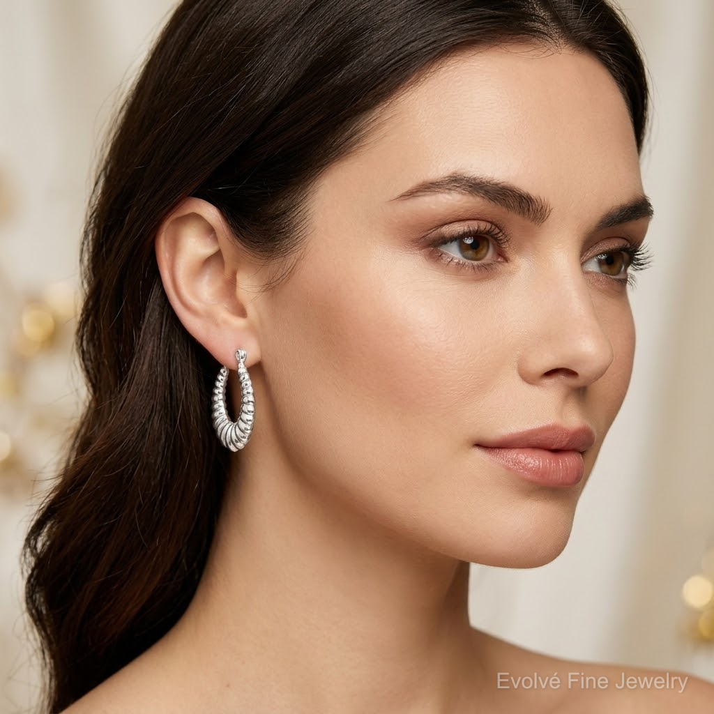 Sterling Silver Polished Shrimp Oval Hoop Earrings - Model Shot