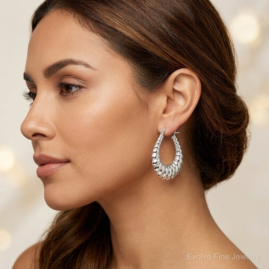 Sterling Silver Rhodium-plated Polished Shrimp Oval Hoop Earrings - Model Shot