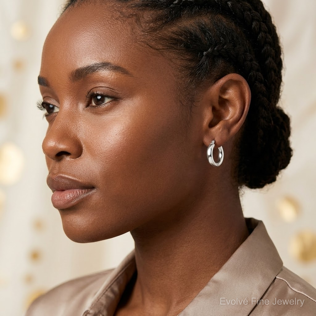 Sterling Silver Polished 6mm Round Hoop Earrings - Model Shot