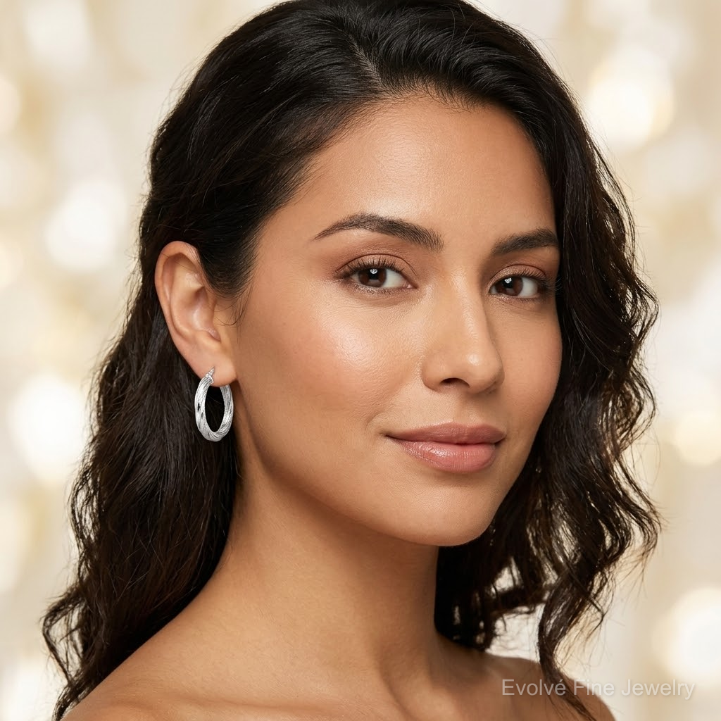 Sterling Silver Rhod-plated Patterned Twisted 4x25mm Hoop Earrings - Model Shot