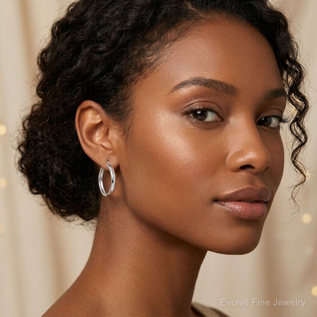Sterling Silver Rhodium-plated 6x30mm Polished Hoop Earrings - Model Shot