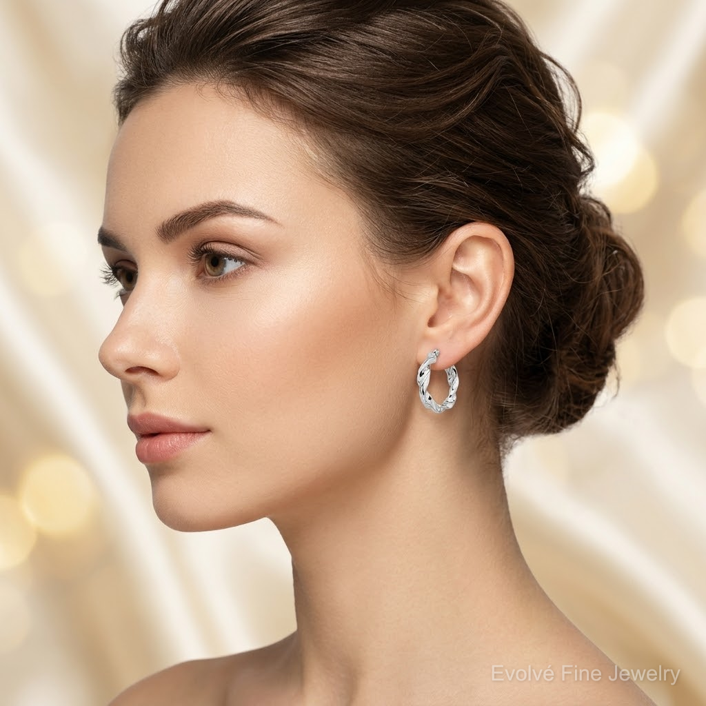 Sterling Silver Rhodium Plated Twisted 3.5x20mm Hoop Earrings - Model Shot