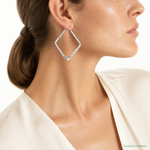 Sterling Silver Rhod-pltd Polished/Hammered Square Hoop Earrings - Model Shot