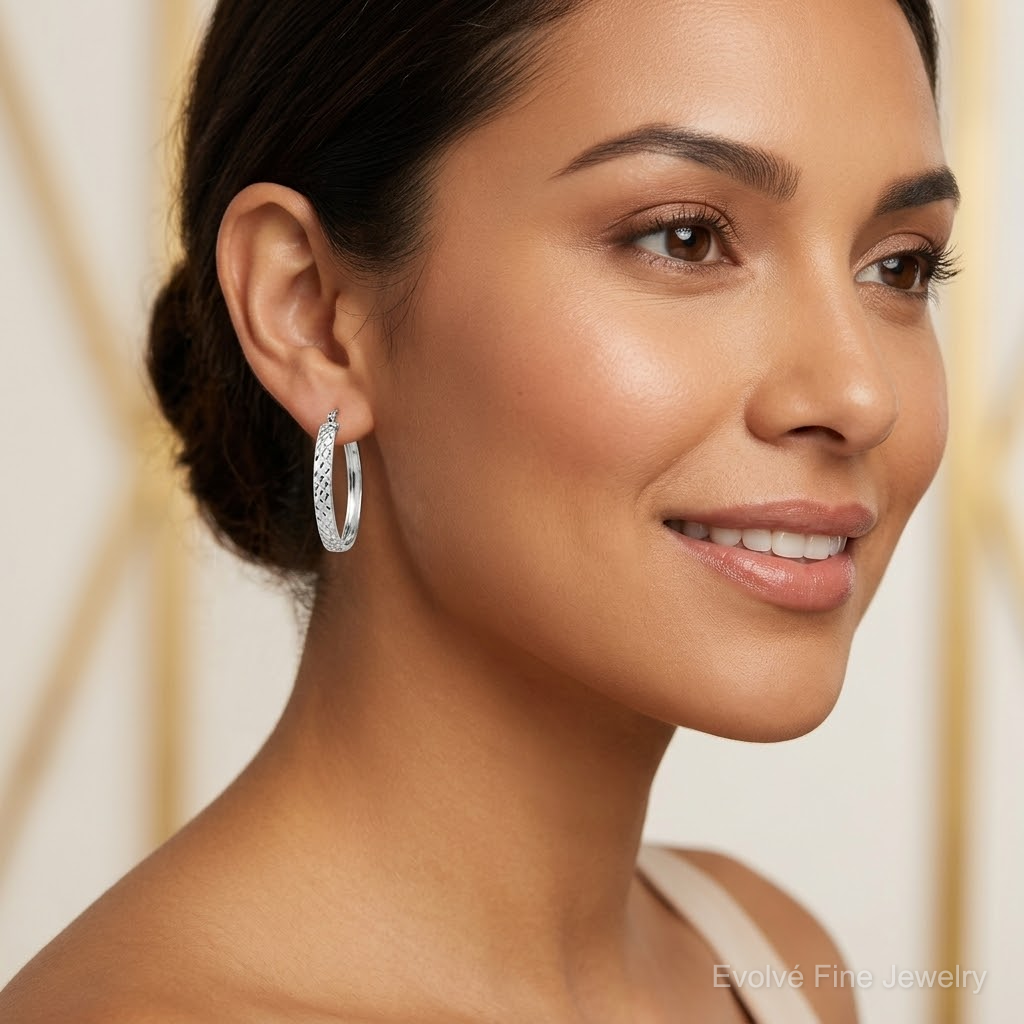 Sterling Silver Rhodium-plated Diamond-cut 4mm Oval Hoop Earrings - Model Shot