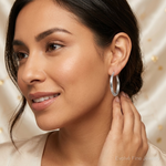Sterling Silver Rhodium Plated Textured Double Oval Hoop Earrings - Model Shot