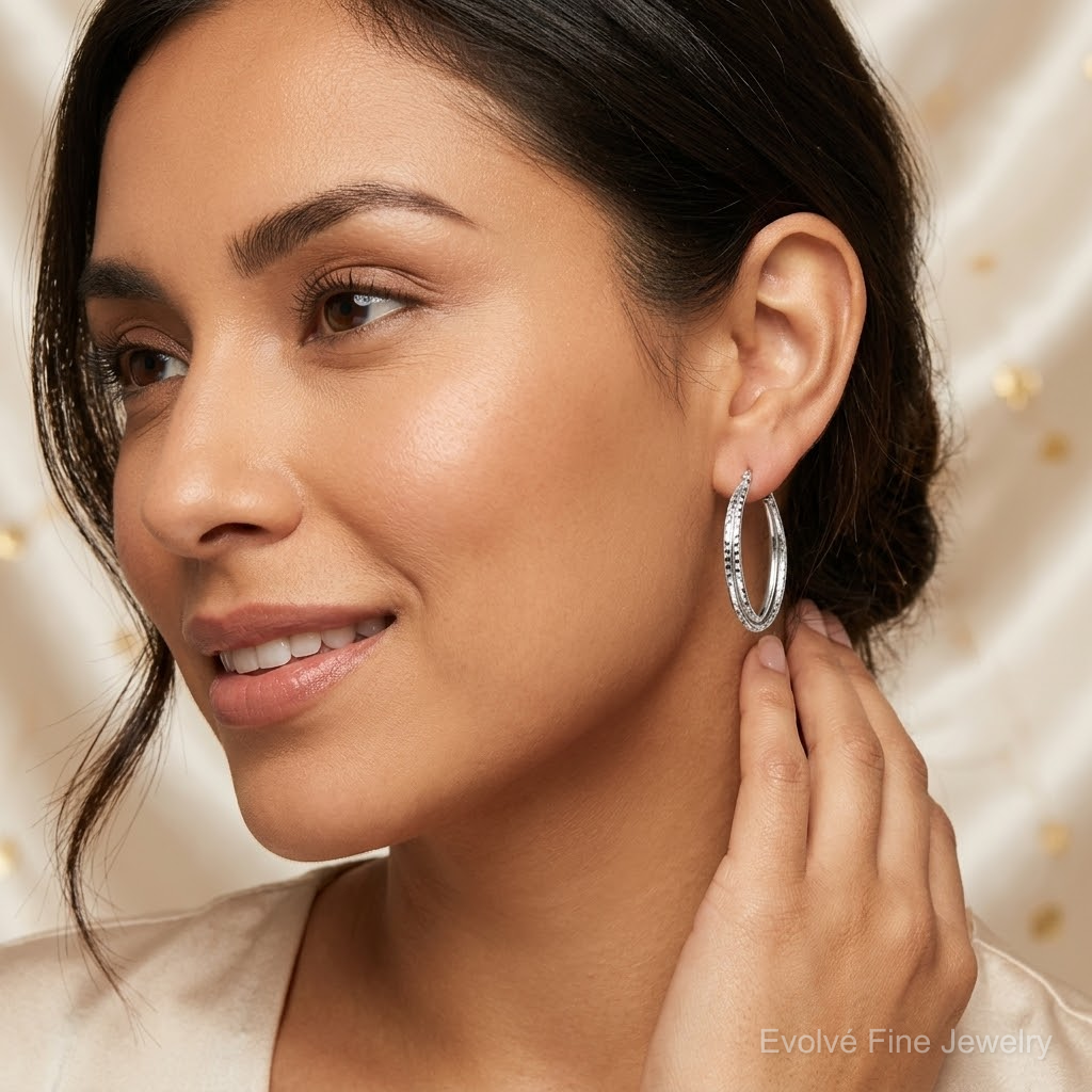 Sterling Silver Rhodium Plated Textured Double Oval Hoop Earrings - Model Shot