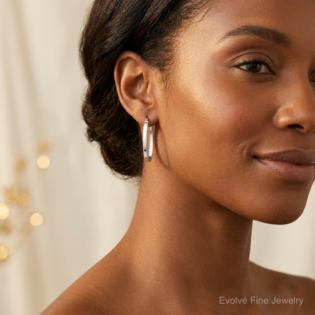 Sterling Silver Rhodium-plated Beveled Edge 4mm Oval Hoop Earrings - Model Shot