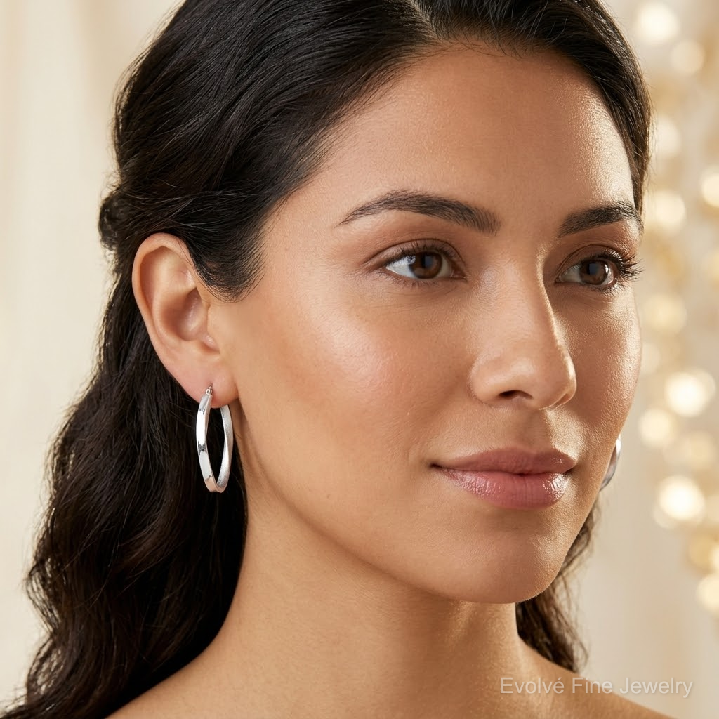 Sterling Silver RH-plated Polished/Satin Twisted Oval Hoop Earrings - Model Shot