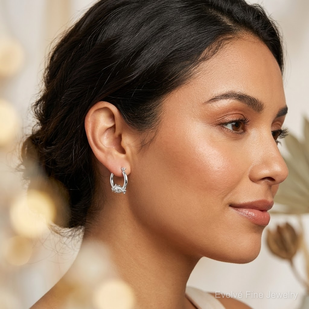 Sterling Silver Rhodium-plated Polished Dolphin Round Hoop Earrings - Model Shot