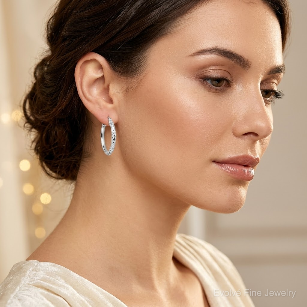 Sterling Silver Rhodium Plated Diamond Cut Oval Hoop Earrings - Model Shot