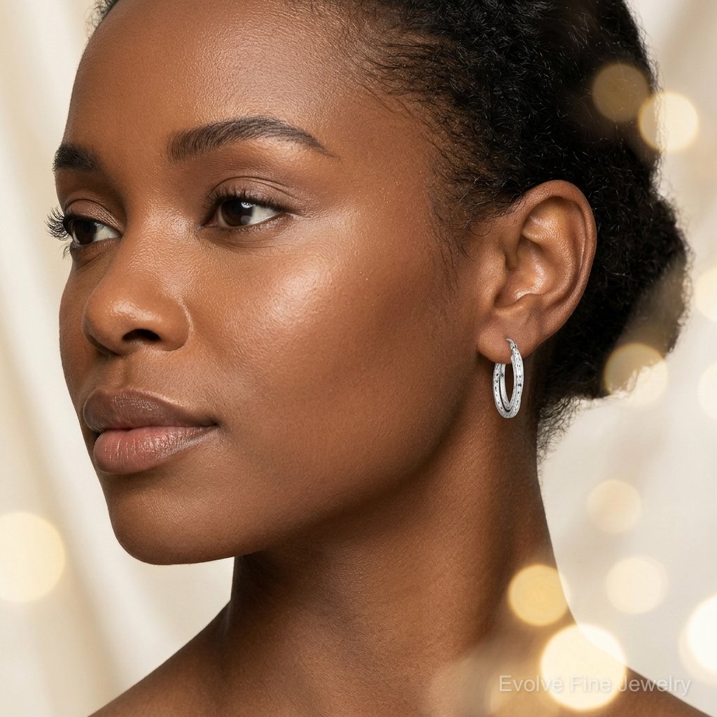 Sterling Silver Rhodium Plated Textured Double Oval Hoop Earrings - Model Shot