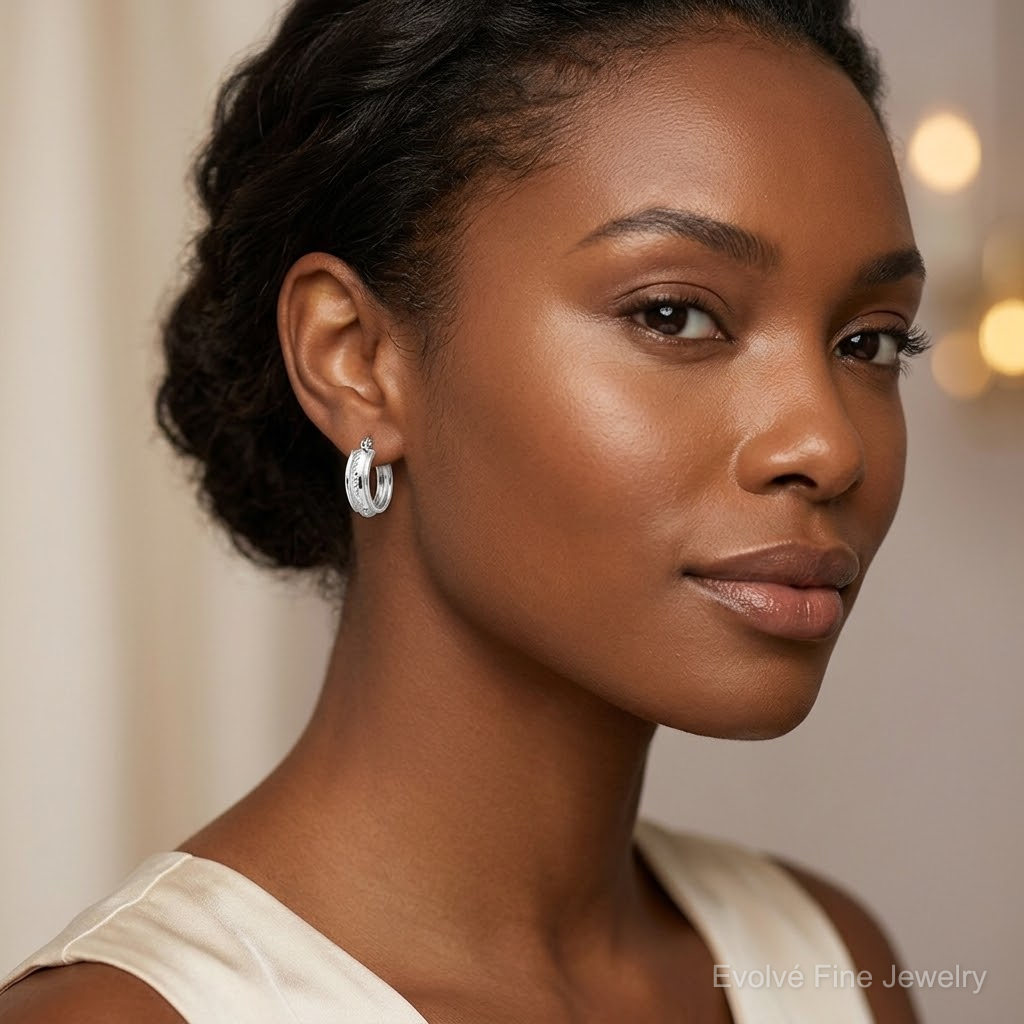 Sterling Silver Rhodium-plated Diamond-cut 5mm Round Hoop Earrings - Model Shot